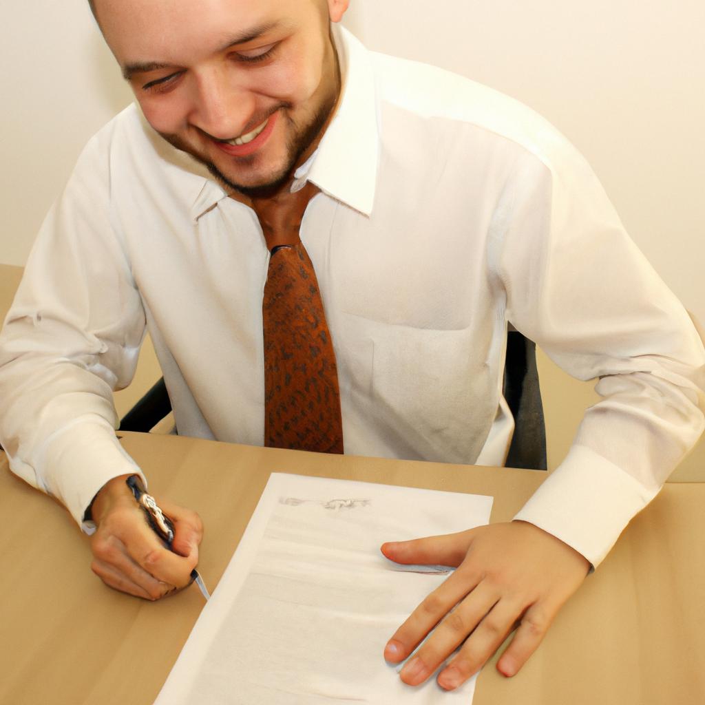 Person signing investment documents, smiling